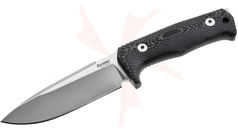 LionSteel T5 MI Solid Fixed 5.04 inch Satin Niolox Blade, Single Piece Black Micarta Handle, Leather Sheath