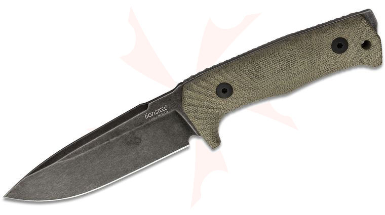 LionSteel T5B CVG Solid Fixed 5.04 inch Black Niolox Blade, Single Piece Green Canvas Micarta Handle, Leather Sheath