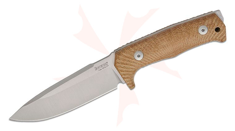 LionSteel T5 CVN Solid Fixed Blade 5.04 inch Niolox Satin Drop Point Blade, Single Piece Natural Canvas Micarta Handle, Leather Sheath