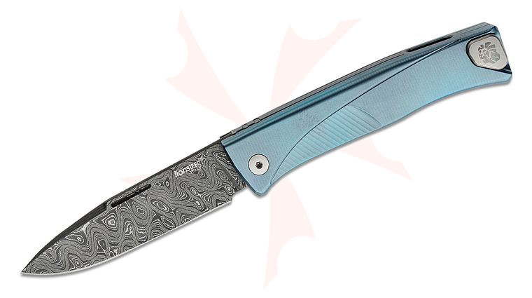 LionSteel Thrill Integral Slipjoint Folding Knife 3.15 inch Nichols Scrambled Damascus Blade, Blue Titanium Handle, HWAYL Pocket Clip System