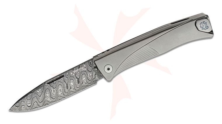 LionSteel Thrill Integral Slipjoint Folding Knife 3.15 inch Nichols Scrambled Damascus Blade, Gray Titanium Handle, HWAYL Pocket Clip System