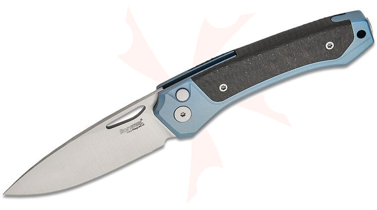 LionSteel TW BL CF Twain Solid Button Lock Folding Knife 3.15 inch CPM-MagnaCut Satin Drop Point Blade, Blue Titanium Handles with Integral Carbon Fiber Inlay