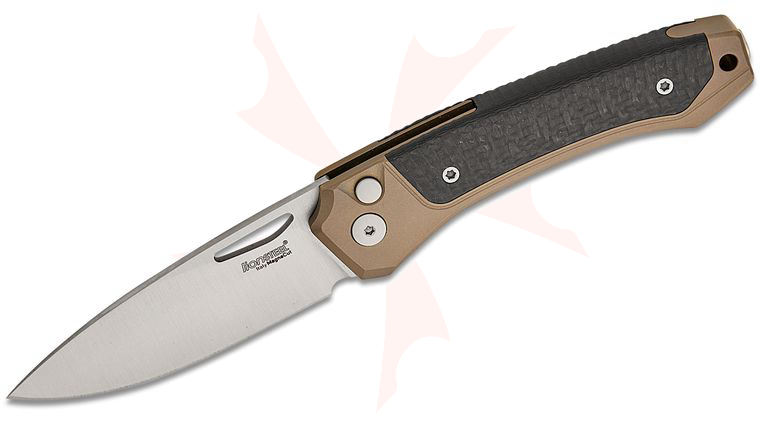 LionSteel TW BR CF Twain Solid Button Lock Folding Knife 3.15 inch CPM-MagnaCut Satin Drop Point Blade, Bronze Titanium Handles with Integral Carbon Fiber Inlay