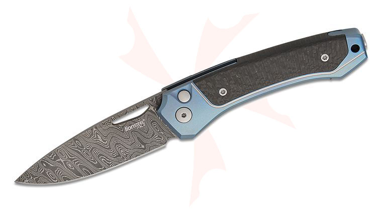 LionSteel TW D BL Twain Solid Button Lock Folding Knife 3.15 inch Nichols Scrambled Damascus Drop Point Blade, Blue Titanium Handles with Integral Carbon Fiber Inlay