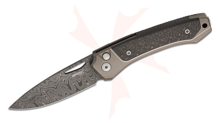 LionSteel TW D BR Twain Solid Button Lock Folding Knife 3.15 inch Nichols Scrambled Damascus Drop Point Blade, Bronze Titanium Handles with Integral Carbon Fiber Inlay