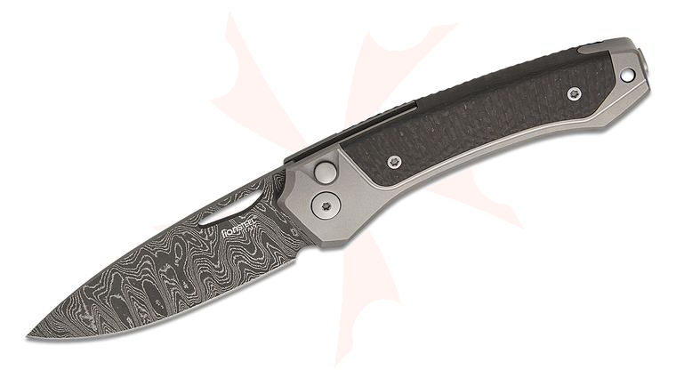 LionSteel TW D GY Twain Solid Button Lock Folding Knife 3.15 inch Nichols Scrambled Damascus Drop Point Blade, Gray Titanium Handles with Integral Carbon Fiber Inlay