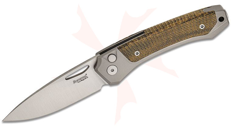 LionSteel TW GY CVN Twain Solid Button Lock Folding Knife 3.15 inch CPM-MagnaCut Satin Drop Point Blade, Gray Titanium Handles with Integral Green Canvas Micarta Inlay