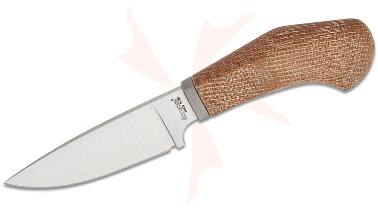 LionSteel Willy Pocket Fixed Blade Knife 3.11 inch M390 Satin Drop Point Blade, One-Piece Natural Canvas Micarta Handle with Titanium Guard, Brown Leather Sheath