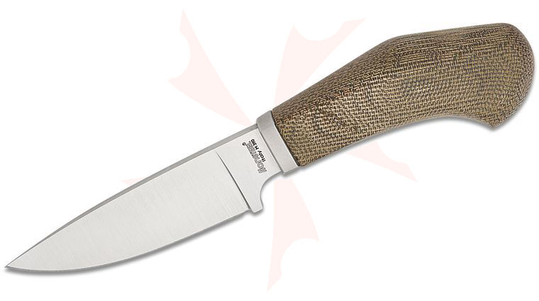 LionSteel Willy Pocket Fixed Blade Knife 3.11 inch M390 Satin Drop Point Blade, One-Piece Green Canvas Micarta Handle with Titanium Guard, Brown Leather Sheath