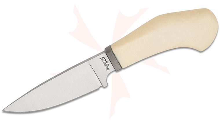LionSteel Willy Pocket Fixed Blade Knife 3.11 inch M390 Satin Drop Point Blade, One-Piece White Micarta Handle with Titanium Guard, Brown Leather Sheath