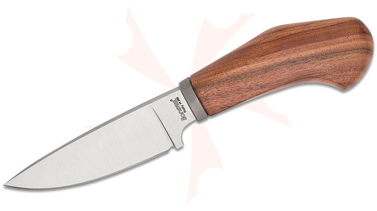 LionSteel Willy Pocket Fixed Blade Knife 3.11 inch M390 Satin Drop Point Blade, One-Piece Santos Wood Handle with Titanium Guard, Brown Leather Sheath