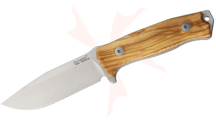 LionSteel M5 Hunter Fixed 4.53 inch Satin Sleipner Plain Blade, Olive Wood Handles, Leather Sheath