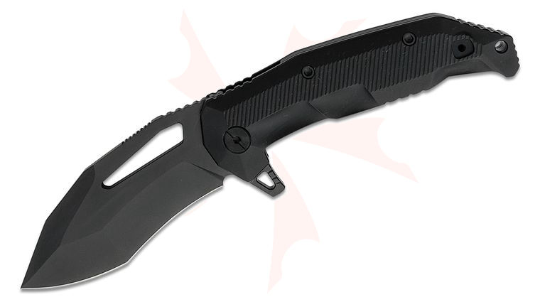 LOTAR Combat AKRAV Gen.6X GHOST 300 Series Flipper Knife 3.5 inch CPM-D2 Black DLC Recurved Drop Point Plain Blade, Milled Black Titanium Handles