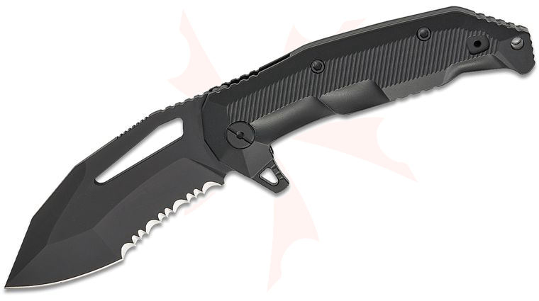 LOTAR Combat AKRAV Gen.6X GHOST 300 Elite Series Flipper Knife 3.5 inch CPM-D2 Matte Black GHOST DLC Recurved Drop Point Serrated Blade, Milled Black Titanium Handles