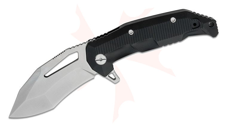 LOTAR Combat AKRAV Gen.6X GHOST 100 Series Flipper Knife 3.5 inch CPM-D2 Brushed Recurved Drop Point Plain Blade, Milled Black Titanium Handles