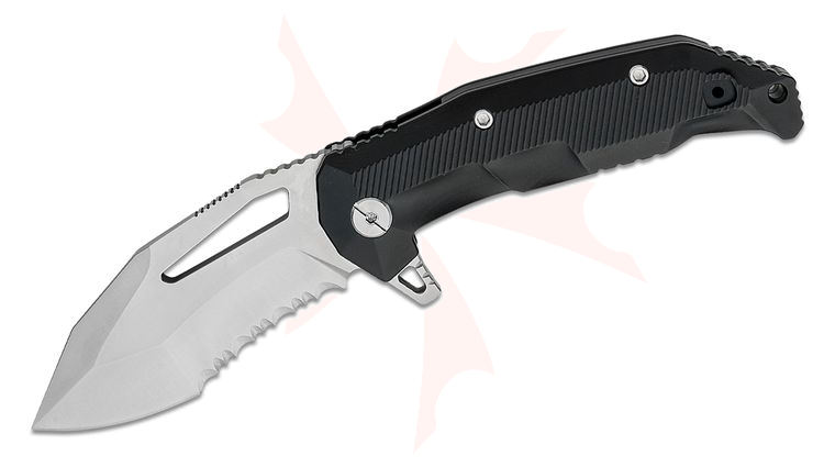 LOTAR Combat AKRAV Gen.6X GHOST 100 Series Flipper Knife 3.5 inch CPM-D2 Brushed Recurve Drop Point Combo Blade, Milled Black Titanium Handles