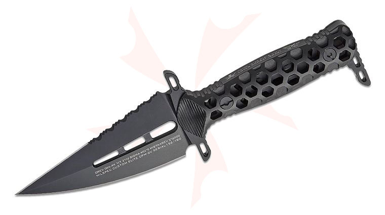 LOTAR Combat OREV Gen.4X SIGMA MilSpec Custom Elite Fixed Blade Knife 4.1 inch CPM-3V Ghost Black DLC Double Edge Scimitar, Skeletonized Black Aluminum Handles, Kydex Sheath - MISTAAREV COVERT