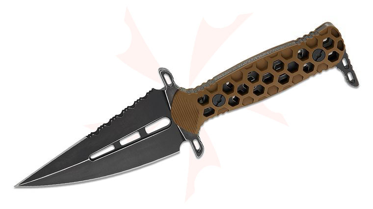 LOTAR Combat OREV Gen.4X GOLANI MilSpec Custom Elite Fixed Blade Knife 4.1 inch CPM-3V Ghost Black DLC Double Edge Scimitar, Skeletonized Brown Aluminum Handles, Kydex Sheath