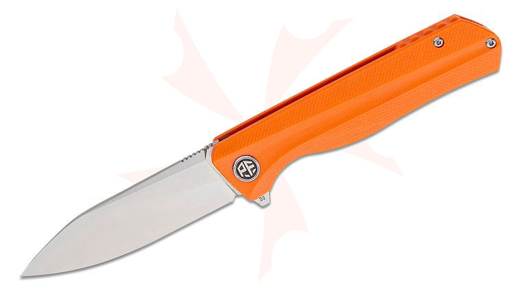 Petrified Fish PF818 Forward Linerlock Flipper Knife 3.54 inch D2 Satin Drop Point Blade, Sculpted Orange G10 Handles
