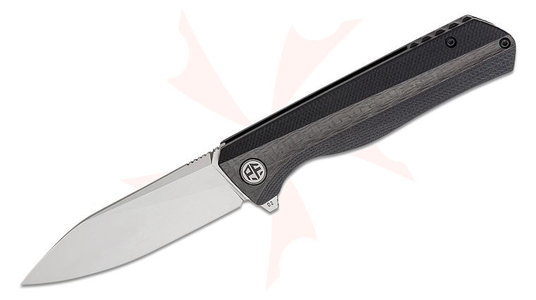 Petrified Fish PF818 Forward Linerlock Flipper Knife 3.54 inch D2 Satin Drop Point Blade, Carbon Fiber and Sculpted Black G10 Handles