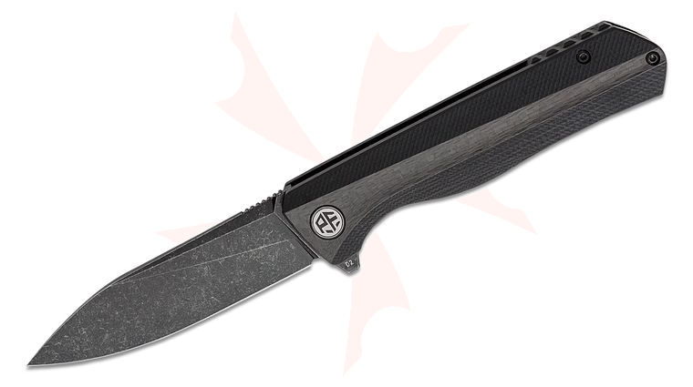 Petrified Fish PF818 Forward Linerlock Flipper Knife 3.54 inch D2 Black Stonewashed Drop Point Blade, Carbon Fiber and Sculpted Black G10 Handles