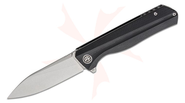 Petrified Fish PF818 Forward Linerlock Flipper Knife 3.54 inch D2 Stonewashed Drop Point Blade, Sculpted Black G10 Handles