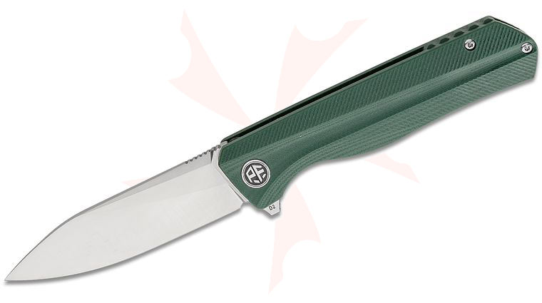 Petrified Fish PF818 Forward Linerlock Flipper Knife 3.54 inch D2 Satin Drop Point Blade, Sculpted Green G10 Handles