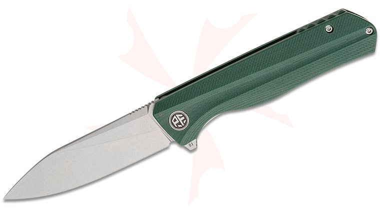 Petrified Fish PF818 Forward Linerlock Flipper Knife 3.54 inch D2 Stonewashed Drop Point Blade, Sculpted Green G10 Handles