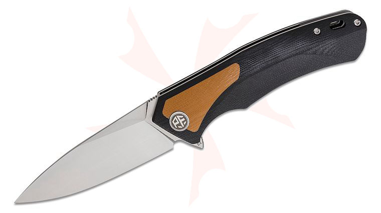 Petrified Fish PF838 Pub Linerlock Flipper Knife 3.74 inch D2 Satin Drop Point Blade, Sculpted Black G10 Handles with Brown G10 Inlay