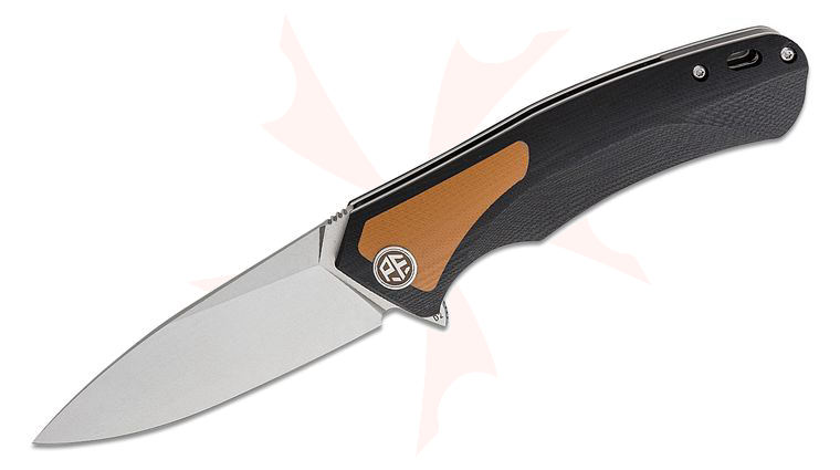 Petrified Fish PF838 Pub Linerlock Flipper Knife 3.74 inch D2 Stonewashed Drop Point Blade, Sculpted Black G10 Handles with Brown G10 Inlay