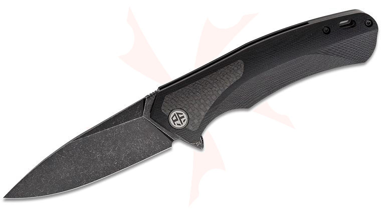 Petrified Fish PF838 Pub Linerlock Flipper Knife 3.74 inch D2 Black Stonewashed Drop Point Blade, Sculpted Black G10 Handles with Carbon Fiber Inlay