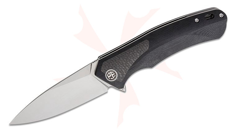 Petrified Fish PF838 Pub Linerlock Flipper Knife 3.74 inch D2 Satin Drop Point Blade, Sculpted Black G10 Handles with Carbon Fiber Inlay