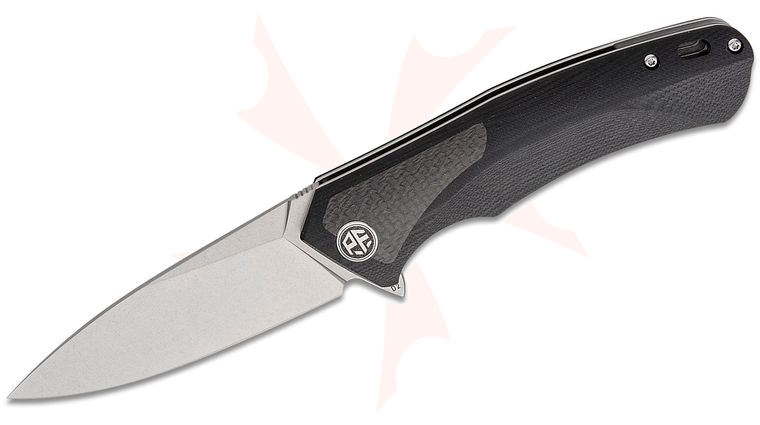 Petrified Fish PF838 Pub Linerlock Flipper Knife 3.74 inch D2 Stonewashed Drop Point Blade, Sculpted Black G10 Handles with Carbon Fiber Inlay