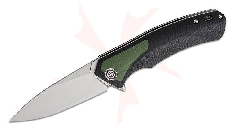 Petrified Fish PF838 Pub Linerlock Flipper Knife 3.74 inch D2 Satin Drop Point Blade, Sculpted Black G10 Handles with Green G10 Inlay