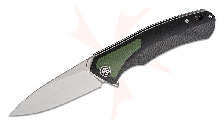 Petrified Fish PF838 Pub Linerlock Flipper Knife 3.74 inch D2 Stonewashed Drop Point Blade, Sculpted Black G10 Handles with Green G10 Inlay