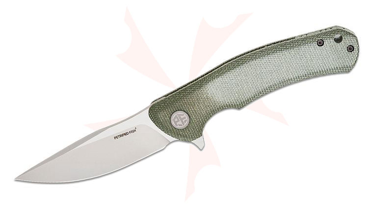 Petrified Fish PF949 Warrior Linerlock Flipper Knife 3.54 inch K110 (D2) Two-Tone Drop Point Blade, Green Micarta Handles