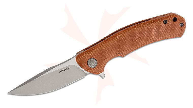 Petrified Fish PF949 Warrior Linerlock Flipper Knife 3.54 inch K110 (D2) Two-Tone Drop Point Blade, Khaki Micarta Handles