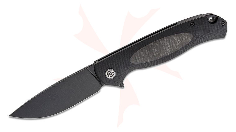 Petrified Fish PFB03 Stamp Linerlock Flipper Knife 3.58 inch D2 Black Stonewashed Drop Point Blade, Black G10 Handles with Carbon Fiber Inlay