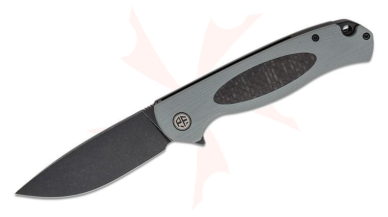 Petrified Fish PFB03 Stamp Linerlock Flipper Knife 3.58 inch D2 Black Stonewashed Drop Point Blade, Gray G10 Handles with Carbon Fiber Inlay