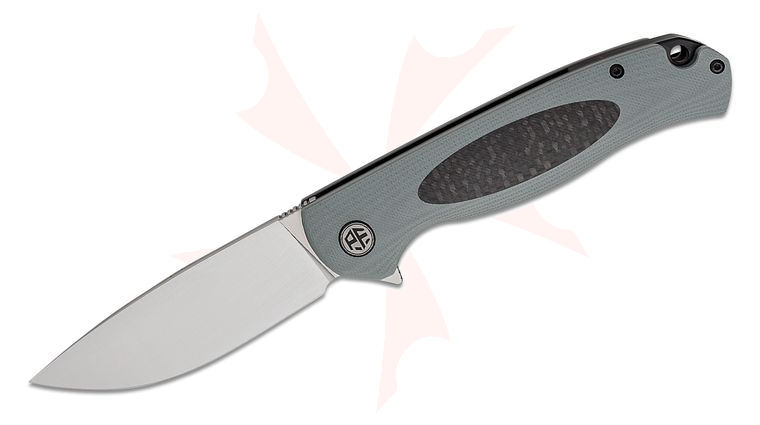 Petrified Fish PFB03 Stamp Linerlock Flipper Knife 3.58 inch D2 Satin Drop Point Blade, Gray G10 Handles with Carbon Fiber Inlay