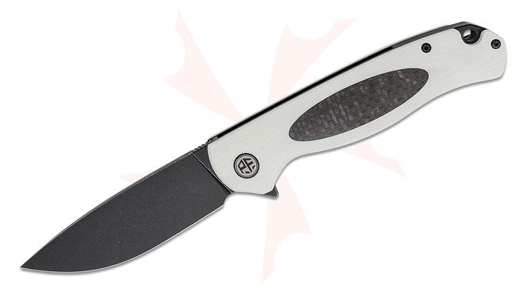 Petrified Fish PFB03 Stamp Linerlock Flipper Knife 3.58 inch D2 Black Stonewashed Drop Point Blade, White G10 Handles with Carbon Fiber Inlay