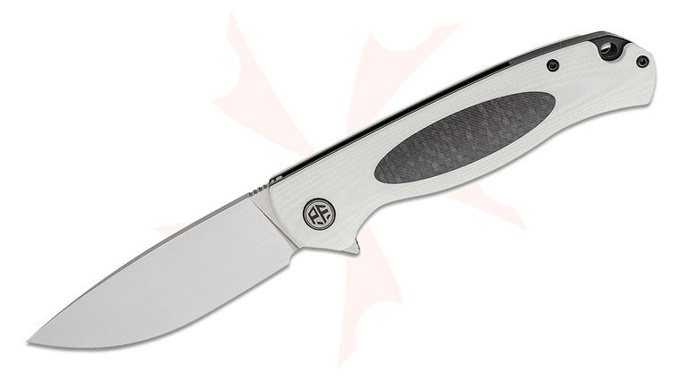 Petrified Fish PFB03 Stamp Linerlock Flipper Knife 3.58 inch D2 Satin Drop Point Blade, White G10 Handles with Carbon Fiber Inlay