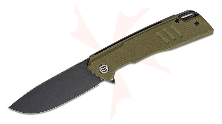 Petrified Fish PFB02 Loco Linerlock Flipper Knife 3.7 inch D2 Black Stonewashed Drop Point Blade, Green G10 Handles