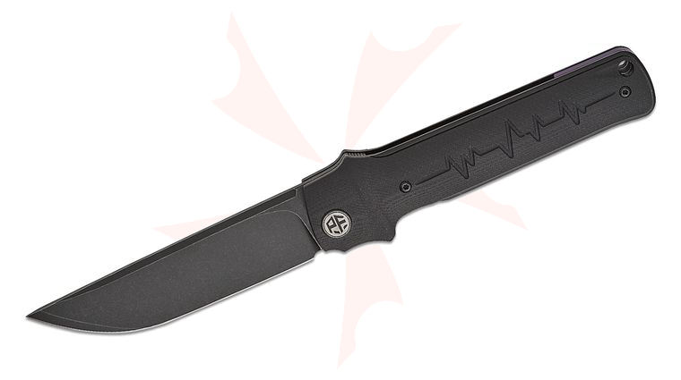 Petrified Fish PFB04 Tena Front Flipper Knife 3.82 inch D2 Black Stonewashed Drop Point Blade, Black G10 Handles