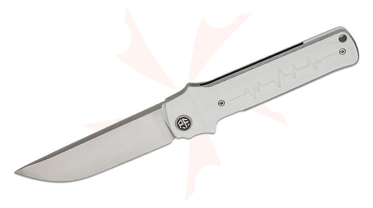 Petrified Fish PFB04 Tena Front Flipper Knife 3.82 inch D2 Satin Drop Point Blade, White G10 Handles