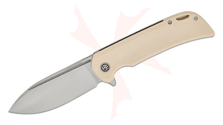 Petrified Fish PFB05 Tunny Flipper Knife 3.86 inch 14C28N Satin Drop Point Blade, White G10 Handles