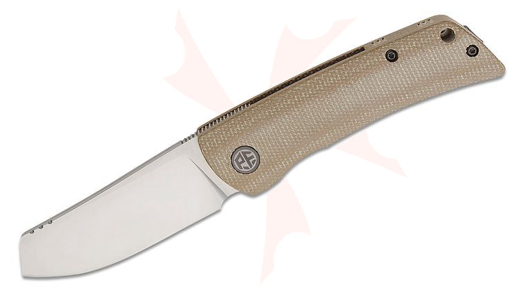 Petrified Fish PFE05 Flavorist Linerlock Front Flipper Knife 3.11 inch K110 (D2) Satin Cleaver-Style Blade, Khaki Micarta Handles