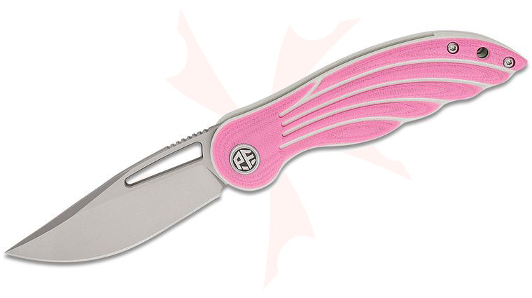 Petrified Fish PFE06 Nightingale Linerlock Front Flipper Knife 3.07 inch 14C28N Sand Blasted Clip Point Blade, Pink G10 Handles