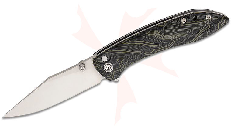 Petrified Fish PFE08 Grow Button Lock Flipper Knife 3.62 inch K110 (D2) Satin Clip Point Blade, Black/Green Coral G10 Handles