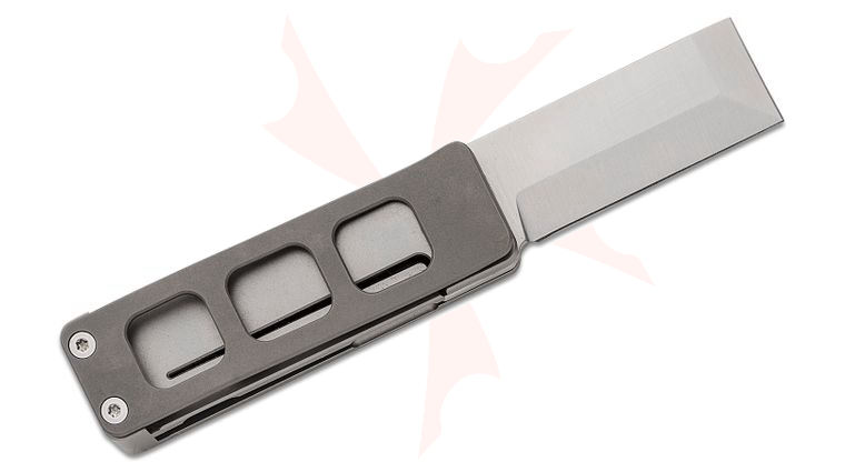 Petrified Fish PFE09 Cash Framelock Front Flipper Knife 1.81 inch 14C28N Satin Chisel Blade, Titanium Handles with Gray Titanium Money Clip